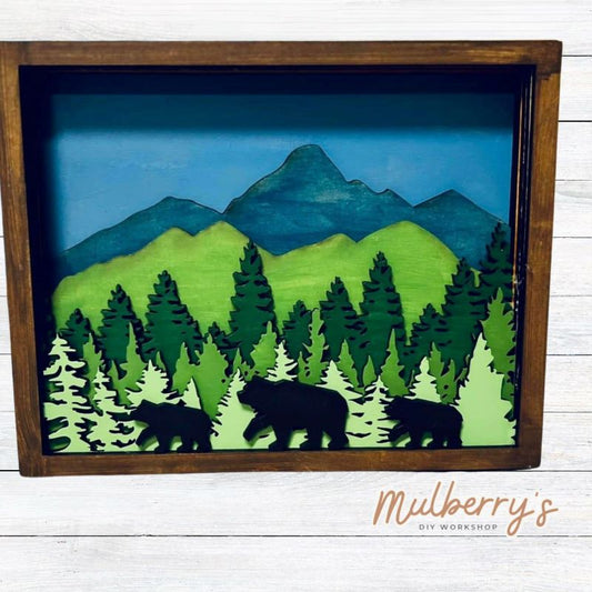 This 7-layered project is stunning! Featuring our beautiful Blue Ridge Mountains and bears. It's roughly 6 inches tall by 8 inches wide.