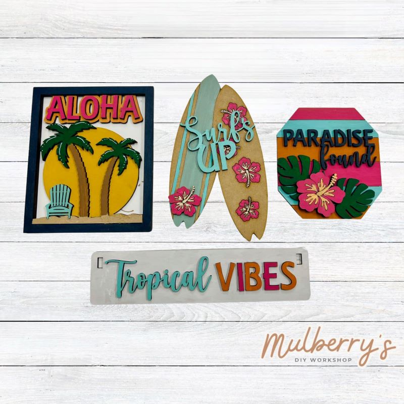 Our beach inserts are so versatile! Display them individually or in our interchangeable wagon or crate! Includes Aloha, Paradise Sign, Surfboard, and the Tropical Vibes banner.
