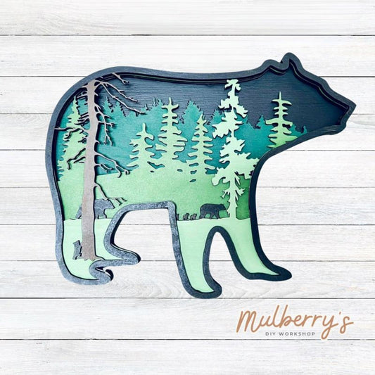 Our multilayered projects are so much fun to paint. This adorable 6-layered project features a bear family in the woods. It's approximately 9 inches tall by 11 inches wide.