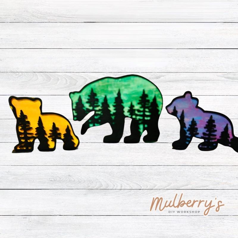 This sweet bear family is a double-layered project. The mama bear is roughly 10.5" x 7.5" and the cubs measure roughly 6" x 5" and 7.5" x 5.5". Optional stands are available to purchase.