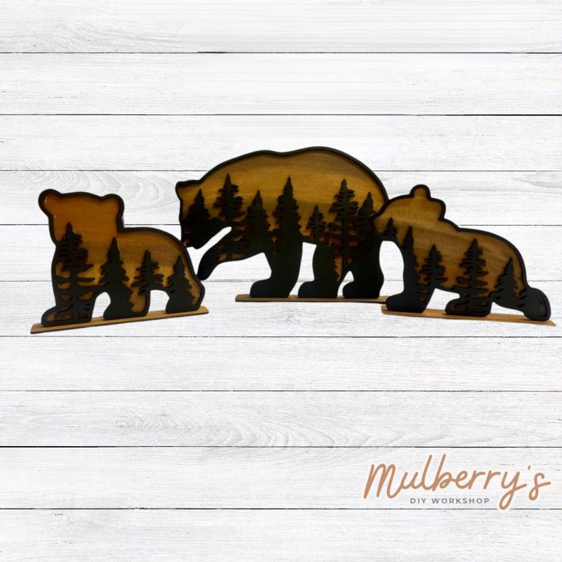 This sweet bear family is a double-layered project. The mama bear is roughly 10.5" x 7.5" and the cubs measure roughly 6" x 5" and 7.5" x 5.5". Optional stands are available to purchase.