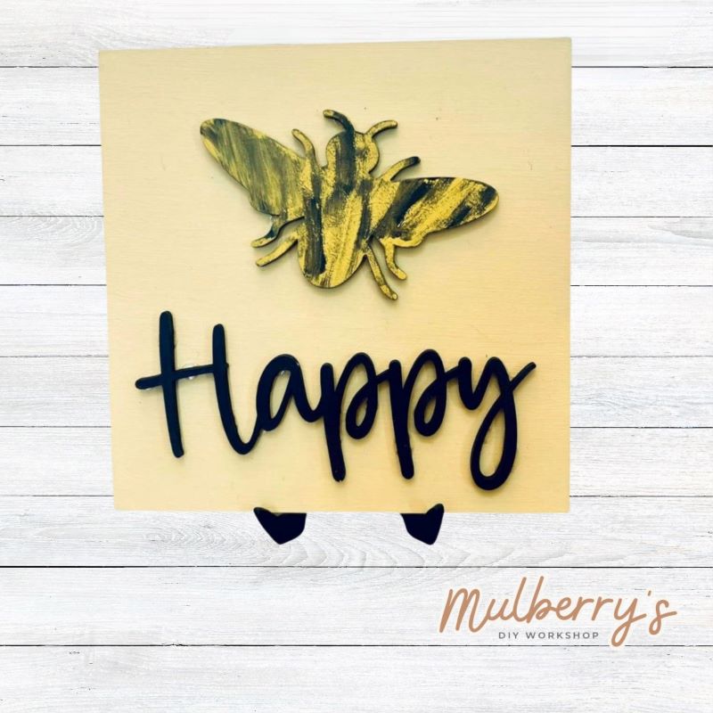 Our cute little bee happy mini sign is approximately 7" tall. Optional stand is available.