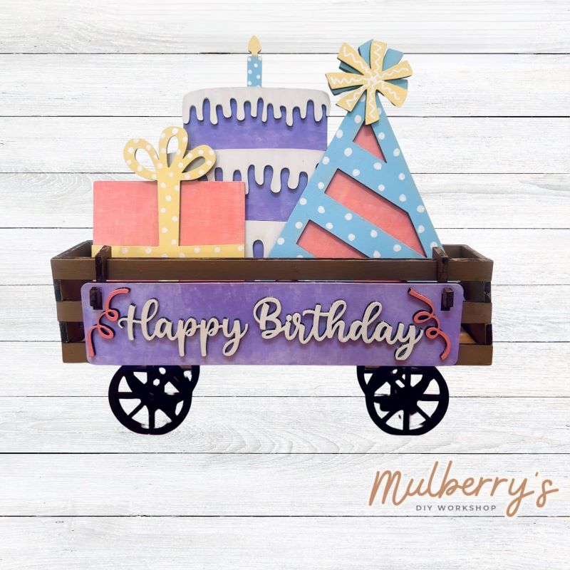 It doesn't get any cuter than our little rustic wagon! It's a perfect add on accessory to your décor. It's approximately 4" tall x 12" wide.  Includes: Wagon and Birthday Inserts.  Birthday inserts include present, birthday cake, party hat, and the Happy Birthday banner.