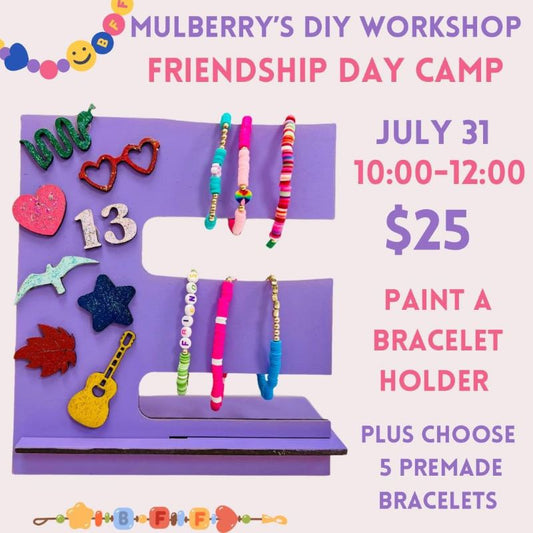 Needing a cool display stand to show off your friendship bracelets?!?  Come to our Friendship Day Camp to paint your very own display stand, plus you'll receive 5 premade friendship bracelets.  Date of Camp: Wednesday, July 31, from 10:00-12:00pm.  Ages 6+.  Please register to reserve your spot. No refunds. Registration may be transferred to a different camp, if needed.