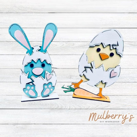 These cute little bunny and chick shelf sitters are EGG-cellent! They are approximately 11" tall. Stand is included.