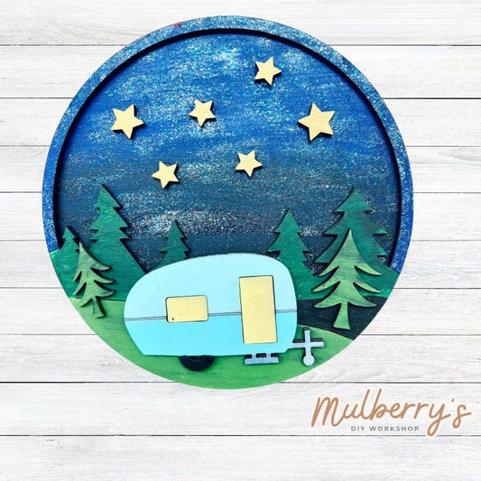 Our cute little camper round is perfect for kids to complete! Approximately 8" in diameter. Optional stand is available.