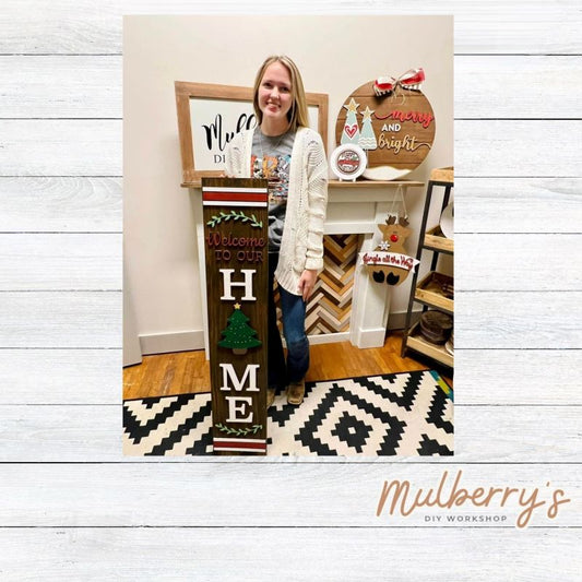 Our interchangeable HOME leaner is the perfect showcase project! It's approximately 4' long by 10" wide. The letter "O" can be swapped out for every season/holiday! It will great on your porch or anywhere in your home!  Includes: Porch Leaner with Christmas Tree insert.