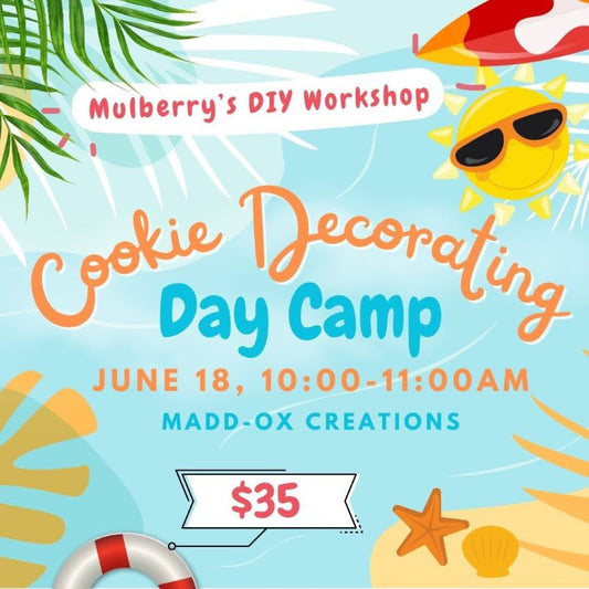 Come decorate cookies at the workshop!  Chelby from Madd-Ox Creations will be teaching everyone how to decorate 3 summer-themed sugar cookies with Royal icing.  Date of Camp: Tuesday, June 18, from 10:00-11:00am.  Ages 6+.  Please register to reserve your spot. No refunds.