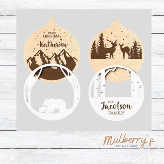 Our personalized ornaments make great gifts for family and friends or even for yourself. There are two options: Bear with Mountain Scene and Deer in the Woods. Each ornament is approximately 4.5 inches in diameter.
