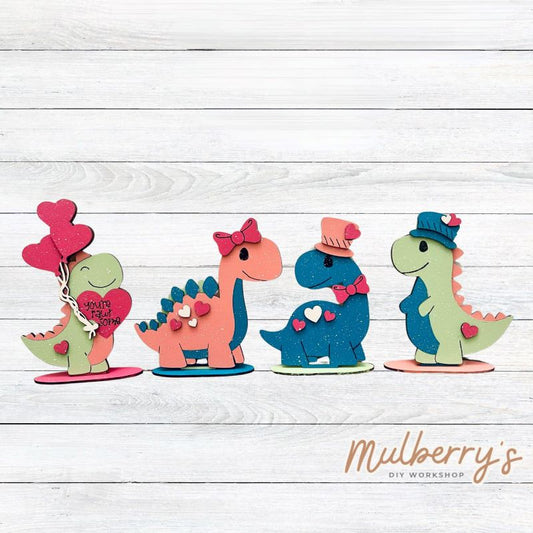 Our valentine dino shelf sitters are super cute! Approximately 5" wide by 8" tall. Each dino includes a stand and can be purchased individually or as a set.