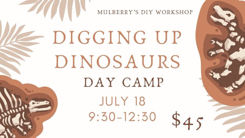We're digging up dinosaurs during this fun summer camp!  We'll paint three coordinating dinosaur projects.  Date of Camp: Thursday, July 18, from 9:30am-12:30pm.  Ages 6+.  Please register to reserve your spot. No refunds. Registration may be transferred to a different camp, if needed.
