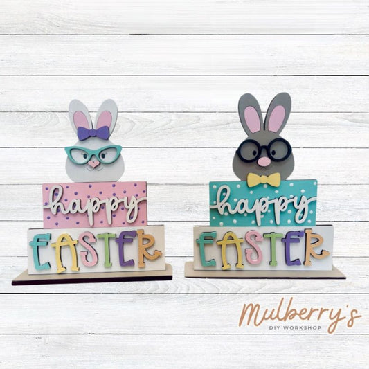 Our Easter bunny block shelf sitters are the perfect projects to spice up your seasonal decor! Approximately 8" tall by 6" wide. Stand is included.