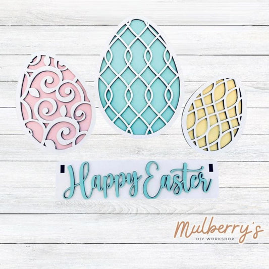 Our Easter inserts are so versatile! Display them individually or in our interchangeable wagon or crate! Includes three eggs and Happy Easter banner.