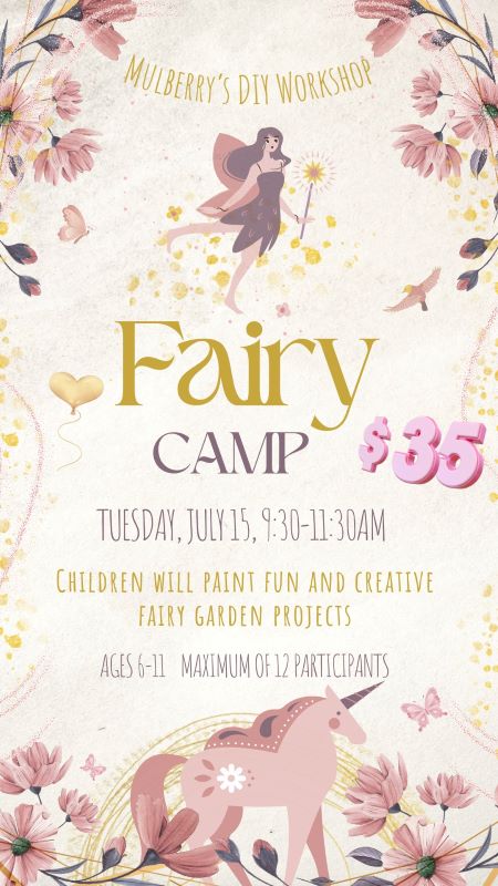 -Fairy Camp-

Date of camp: Tuesday, July 15, 9:30-11:30am.

Cost: $35 per child.

Children will paint fun and creative fairy garden projects.

Ages 6-11. Space is limited with a maximum of 12 participants. Please register by Tuesday, July 8 to reserve your spot.