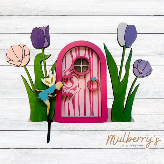 Create your own fairy garden accessories! We have two options to choose from: oval door with tulips or round door with dandelions.