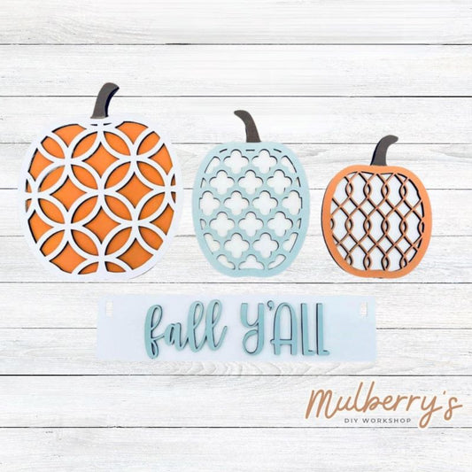 Our fall inserts are so versatile! Display them individually or in our interchangeable wagon or crate! Includes three pumpkins and the Fall Y'all banner.