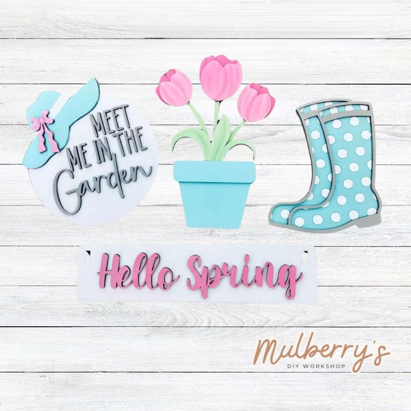 Our garden inserts are so versatile! Display them individually or in our interchangeable crate! Includes meet me in the garden sign, flower pot, rain boots, and the Hello Spring banner.