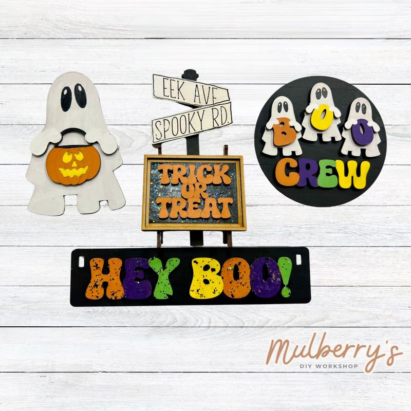 Our ghost inserts are so versatile! Display them individually or in our interchangeable crate! Includes ghost, directional sign, boo crew round, and Hey Boo! banner.