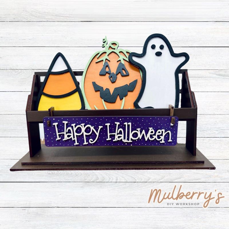 It doesn't get any cuter than our little rustic crate! It's a perfect add on accessory to your décor. It's approximately 13" long.  Includes: Crate and Halloween Inserts. Halloween inserts include jack-o-lantern, ghost, candy, and the Happy Halloween banner.