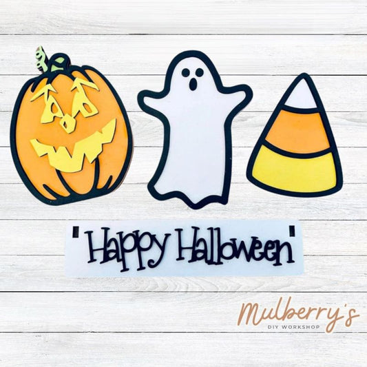 Our halloween inserts are so versatile! Display them individually or in our interchangeable wagon or crate! Includes jack-o-lantern, ghost, candy corn, and the Happy Halloween banner.