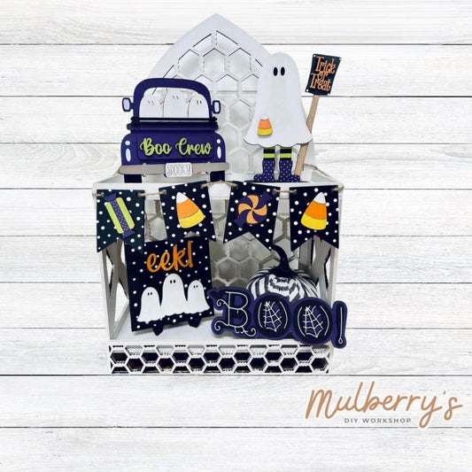 Our five-piece halloween tiered tray set can be purchased as a set or as individual pieces.