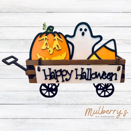 It doesn't get any cuter than our little rustic wagon! It's a perfect add on accessory to your décor. It's approximately 4" tall x 12" wide.  Includes: Wagon and Halloween Inserts.  Halloween inserts include Jack-o-lantern, ghost, candy corn, and the Happy Halloween banner.