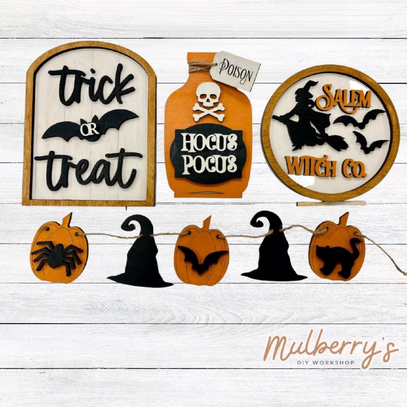 Our halloween inserts are so cute! Display them individually or in our interchangeable bench! Includes trick or treat sign, hocus pocus potion jar, Salem Witch Co. sign, and the pumpkin/witch banner.