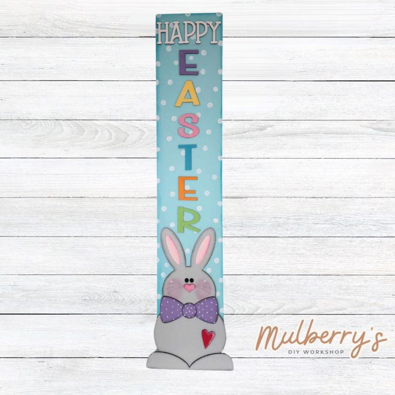 Our Happy Easter leaner will look great on your front porch or anywhere in your home! It's approximately 4' tall by 10" wide.