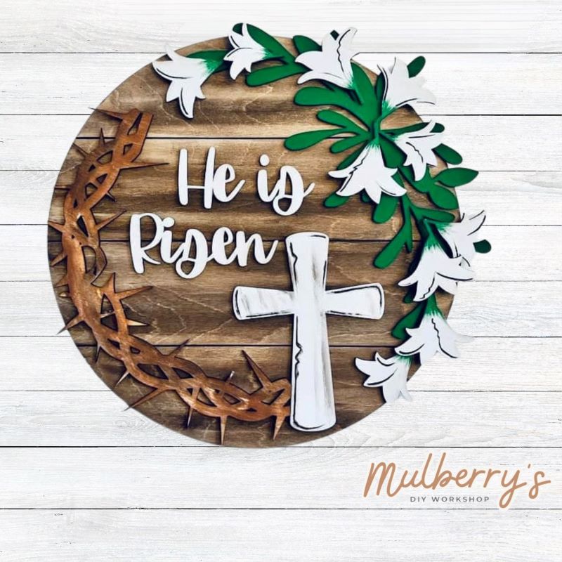 Our "He Is Risen" 18" door hanger is the perfect hanger to display this Easter season!