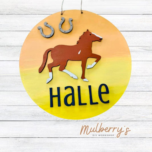 Our 9.5-inch mini door hanger is perfect for horse lovers! Can be personalized with a name in either print or cursive.