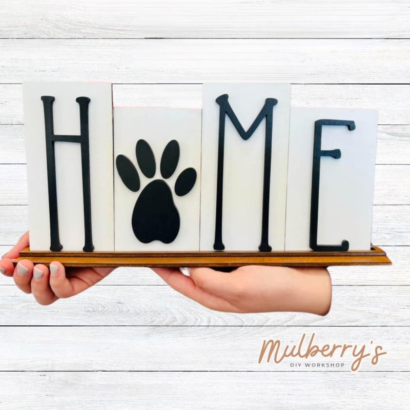 Our interchangeable HOME project is so versitle. We have an abundant amout of inserts for each holiday/season to keep this project fresh and in style all year! This project includes the paw print insert. Additional inserts may be purchased separately.