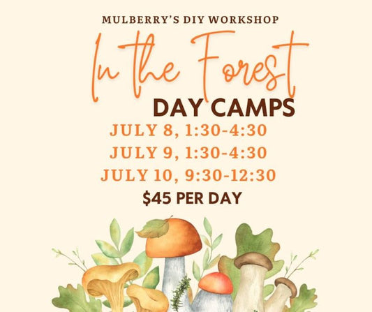 Come learn about flowers, mushrooms, and important helpful animals in our "In the Forest" summer camp! We'll paint coordinating forest projects. Dates of Camp: Monday-Tuesday, July 8 and 9, from 1:30-4:30pm, and Wednesday, July 10, from 9:30am-12:30pm.  Ages 6-12.  Please register to reserve your spot. Can't make it all three days? Single days are available too. No refunds. Registration may be transferred to a different camp, if needed.