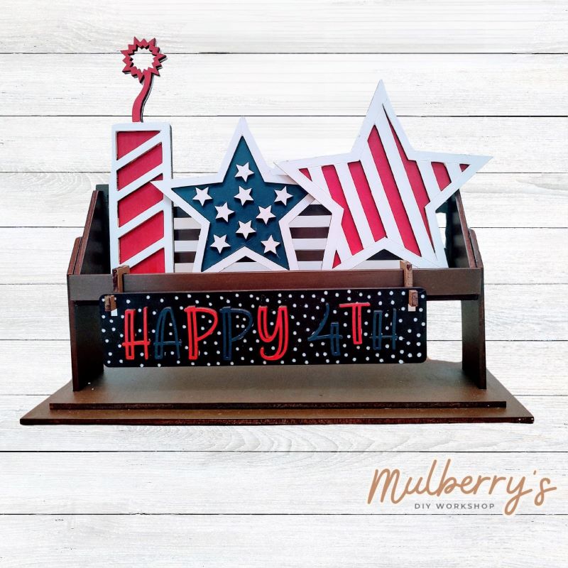 It doesn't get any cuter than our little rustic crate! It's a perfect add on accessory to your décor. It's approximately 13" long.  Includes: Crate and July 4th Inserts.  July 4th inserts include two stars, firecracker, and the Happy 4th banner.