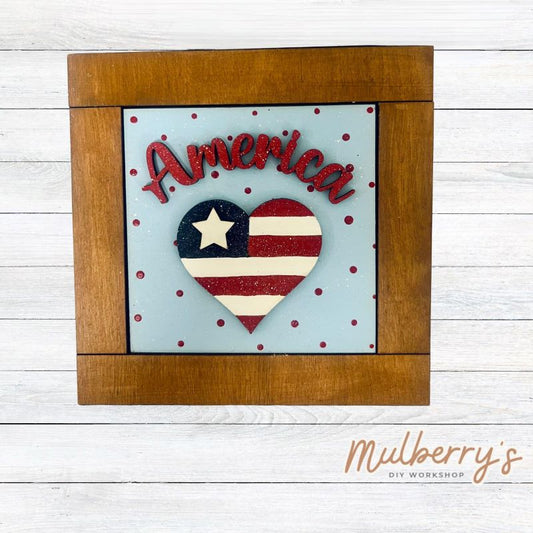 Our interchangeable square frame is the perfect way to display the different seasonal and holiday decorative tiles! Choose your favorite July 4th decorative tile to display inside! This listing includes the base and choice of one July 4th insert. Approximately 6" in diameter.