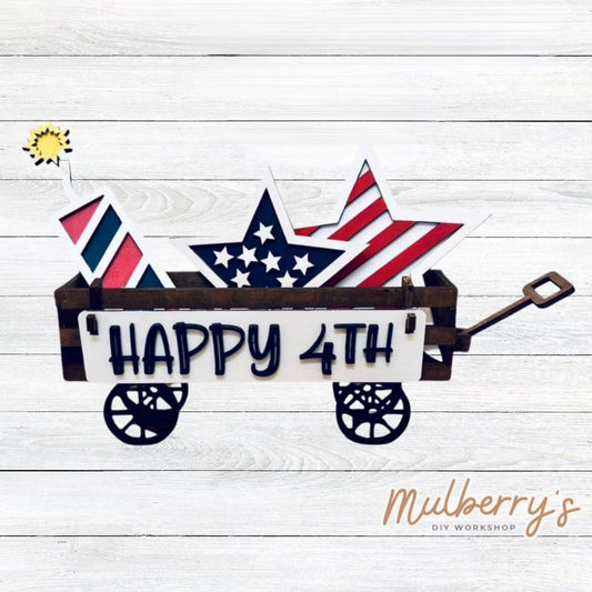 It doesn't get any cuter than our little rustic wagon! It's a perfect add on accessory to your décor. It's approximately 4" tall x 12" wide.  Includes: Wagon and July 4th Inserts. July 4th inserts include two stars, firecracker, and the Happy 4th banner.