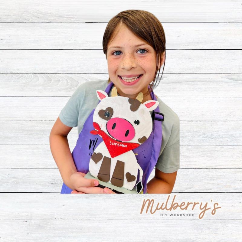 We have the Mr. Brown Can Moo book available at the workshop! Bring your child to the workshop to read the book and then have them complete our adorable cow project! Approximately 10.5" tall.