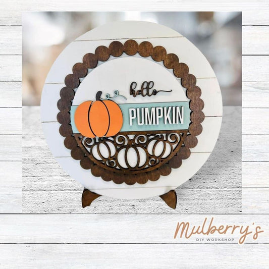 We love our large interchangeable plate with stand! It's approximately 11.5-inches is diameter and can display your favorite seasonal/holiday insert. This set includes the large interchangeable plate with stand and the hello pumpkin insert.