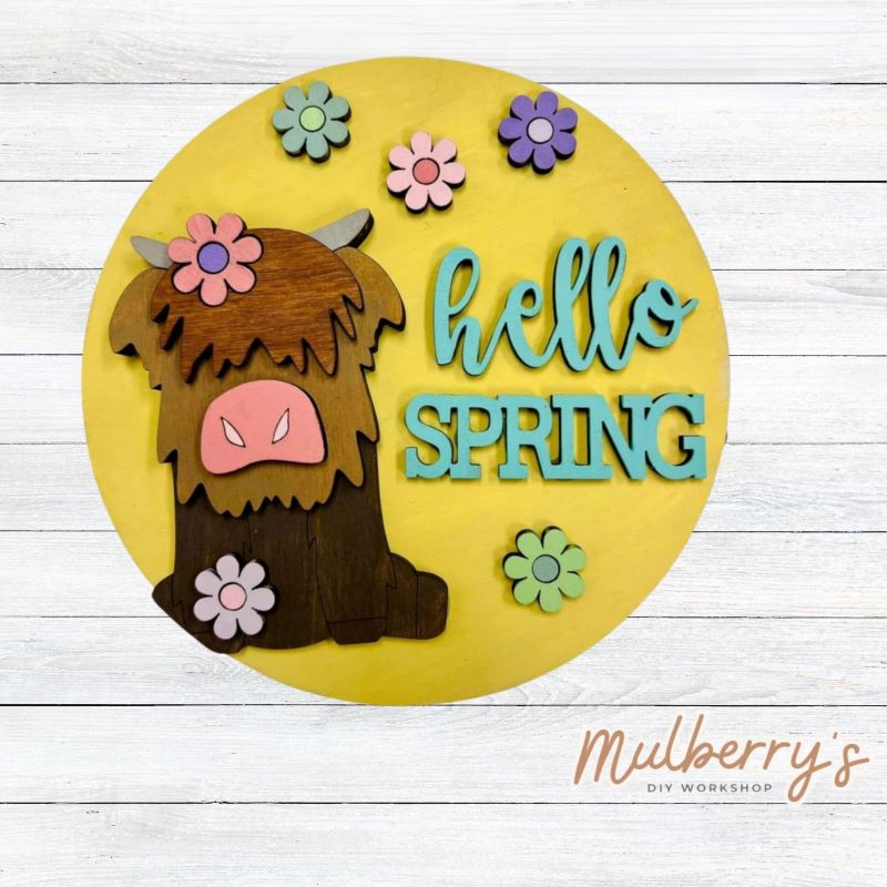 Decorate your home with our 7.5-inch Highland Cow Spring insert. Our inserts may be displayed solo or with our interchangeable plate stand, which is sold separately.