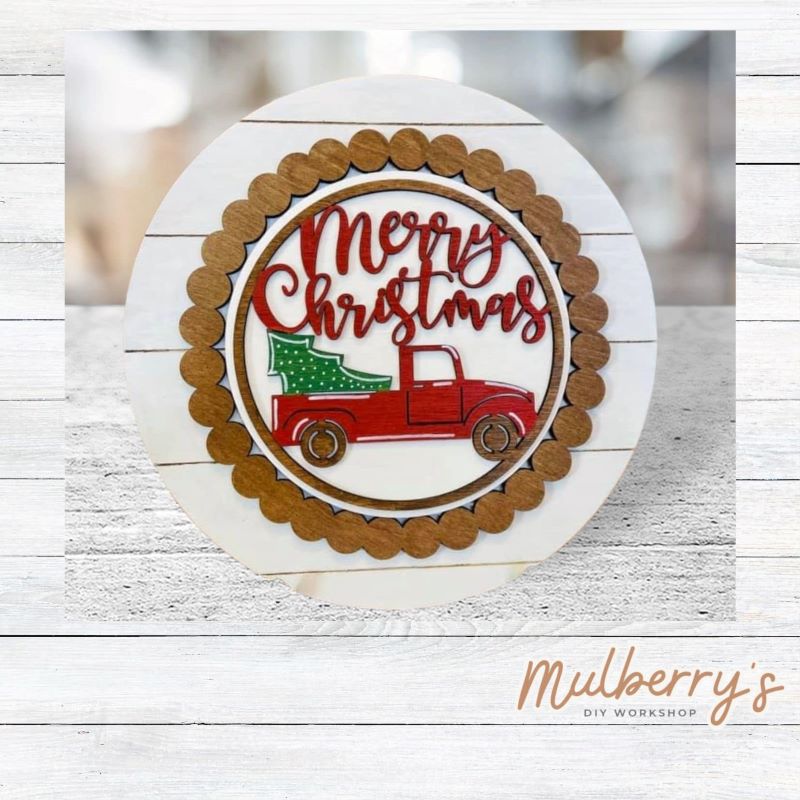 We love our large interchangeable plate with stand! It's approximately 11.5-inches is diameter and can display your favorite seasonal/holiday insert. This set includes the large interchangeable plate with stand and the Merry Christmas farmhouse truck insert.