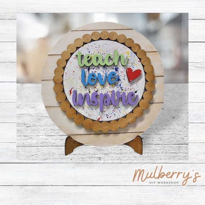 We love our large interchangeable plate with stand! It's approximately 11.5-inches is diameter and can display your favorite seasonal/holiday insert. This set includes the large interchangeable plate with stand and the teach love inspire insert.