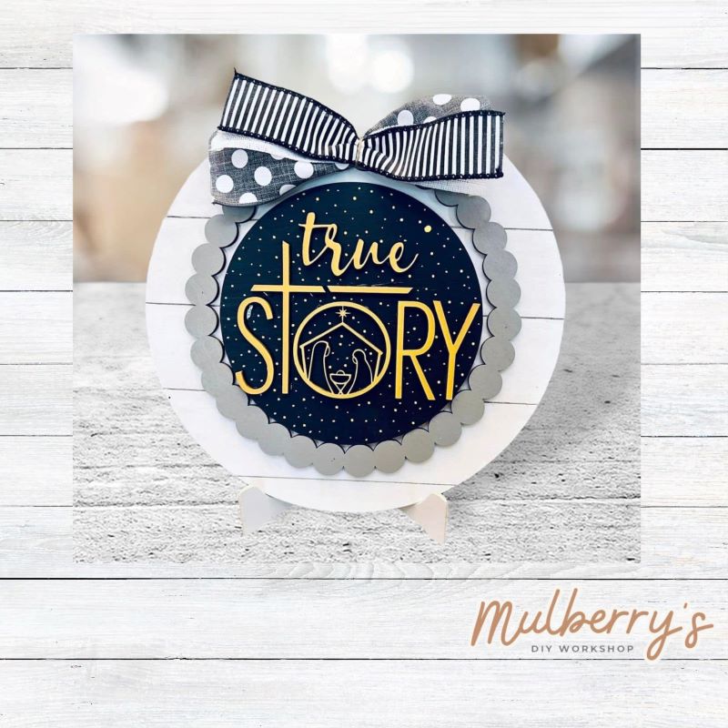 We love our large interchangeable plate with stand! It's approximately 11.5-inches is diameter and can display your favorite seasonal/holiday insert. This set includes the large interchangeable plate with stand and the true story insert.