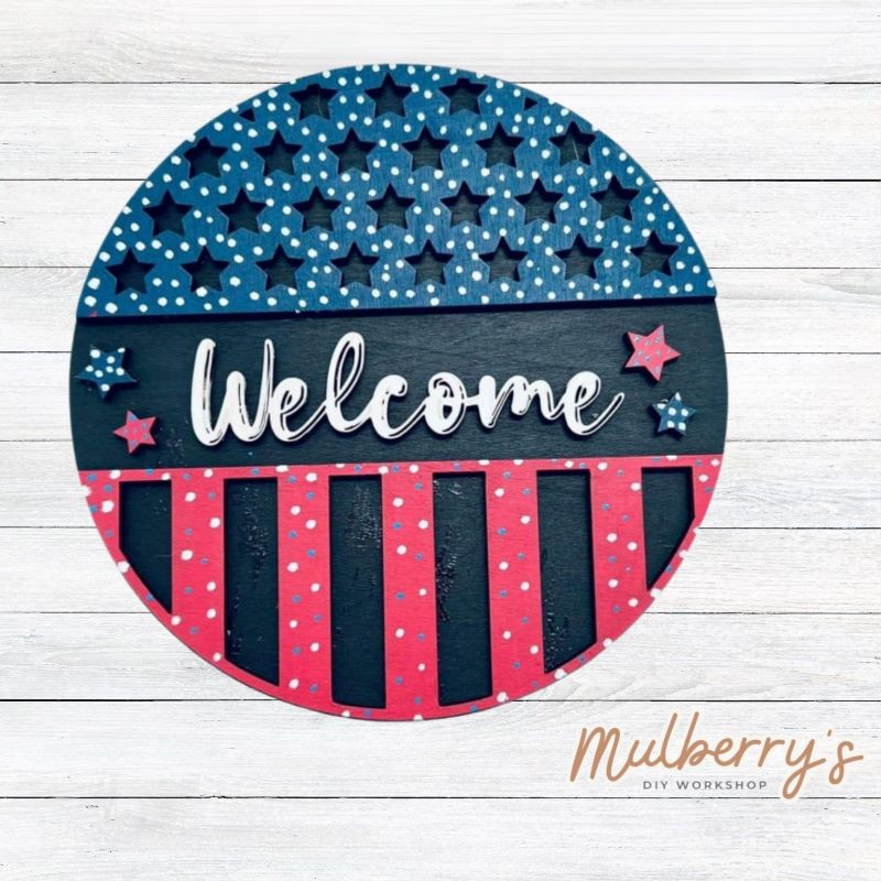 Decorate your home with our 7.5-inch Patriotic Welcome insert. Our inserts may be displayed solo or with our interchangeable plate stand, which is sold separately.