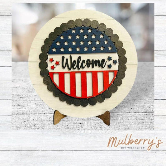 We love our large interchangeable plate with stand! It's approximately 11.5-inches is diameter and can display your favorite seasonal/holiday insert. This set includes the large interchangeable plate with stand and the patriotic welcome insert.