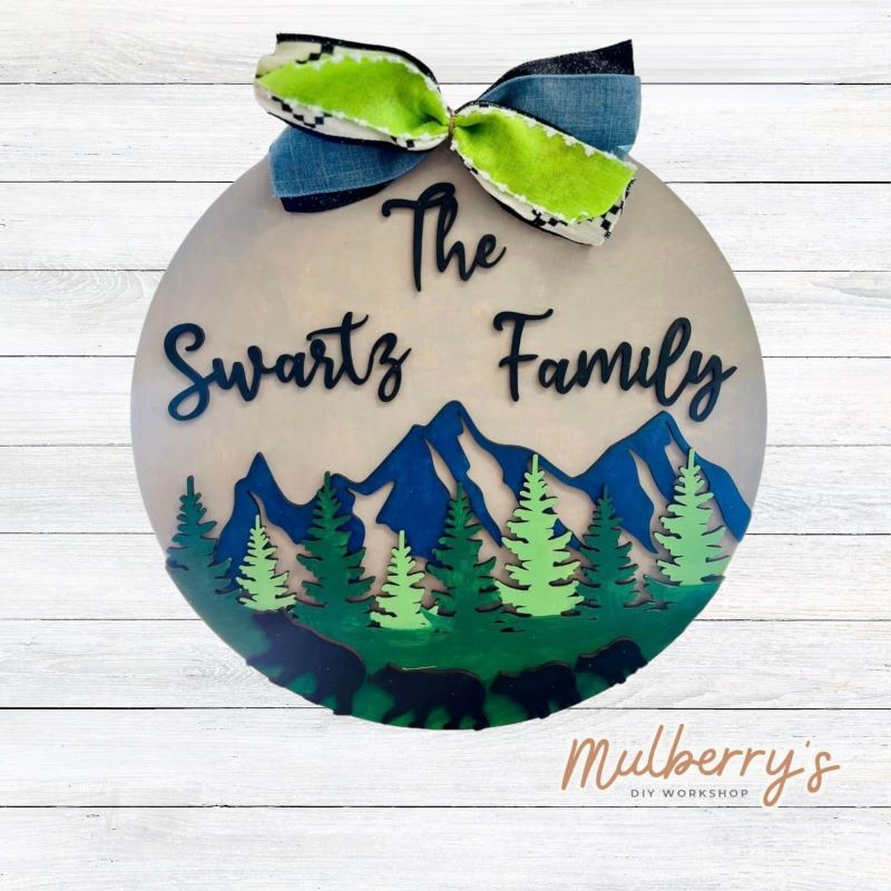 What a great way to display our beautiful Blue Ridge Mountains.  This 18" door hanger can be personalized with your family's name or with the word "welcome" and your desired number of bears.