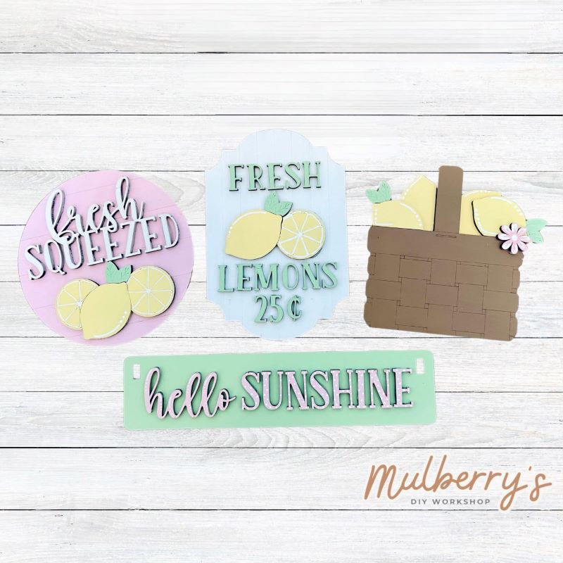 Our lemon inserts are so versatile! Display them individually or in our interchangeable wagon or crate! Includes Fresh Squeezed sign, Fresh Lemons sign, Lemon Basket, and Hello Sunshine banner.