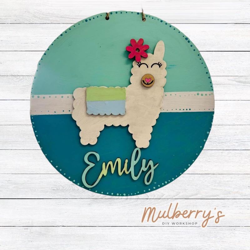 All groovy kids like our personalized llama mini door hanger! Approximately 9.5" in diameter.