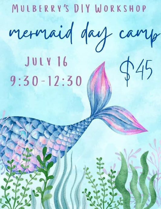 Calling all mermaids! You're invited to our Under The Sea Mermaid Day Camp!  We'll paint three coordinating mermaid projects.  Date of Camp: Tuesday, July 16, from 9:30am-12:30pm.  Ages 6+.  Please register to reserve your spot. No refunds. Registration may be transferred to a different camp, if needed.