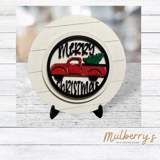 We love our mini interchangeable plate with stand! It's approximately 8-inches is diameter and can display your favorite seasonal/holiday insert. This set includes mini interchangeable plate with stand and Merry Christmas farmhouse truck insert.