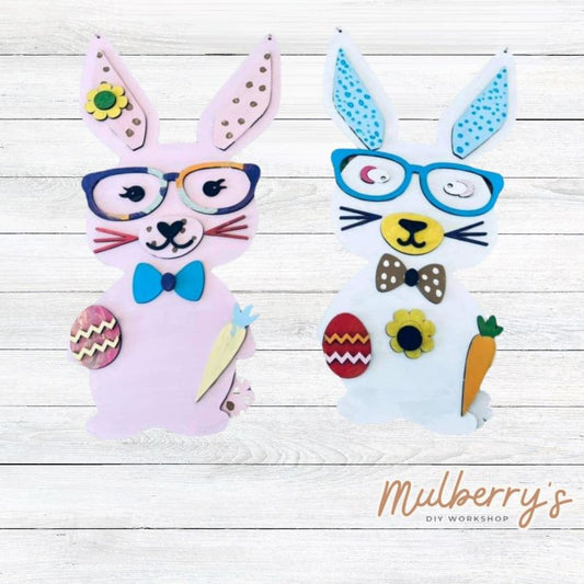 Our mix and match bunny is uniquely created by you! One bunny includes 3 sets of eyes, 3 mouths, and a variety of accessories. Approximately 18" tall.