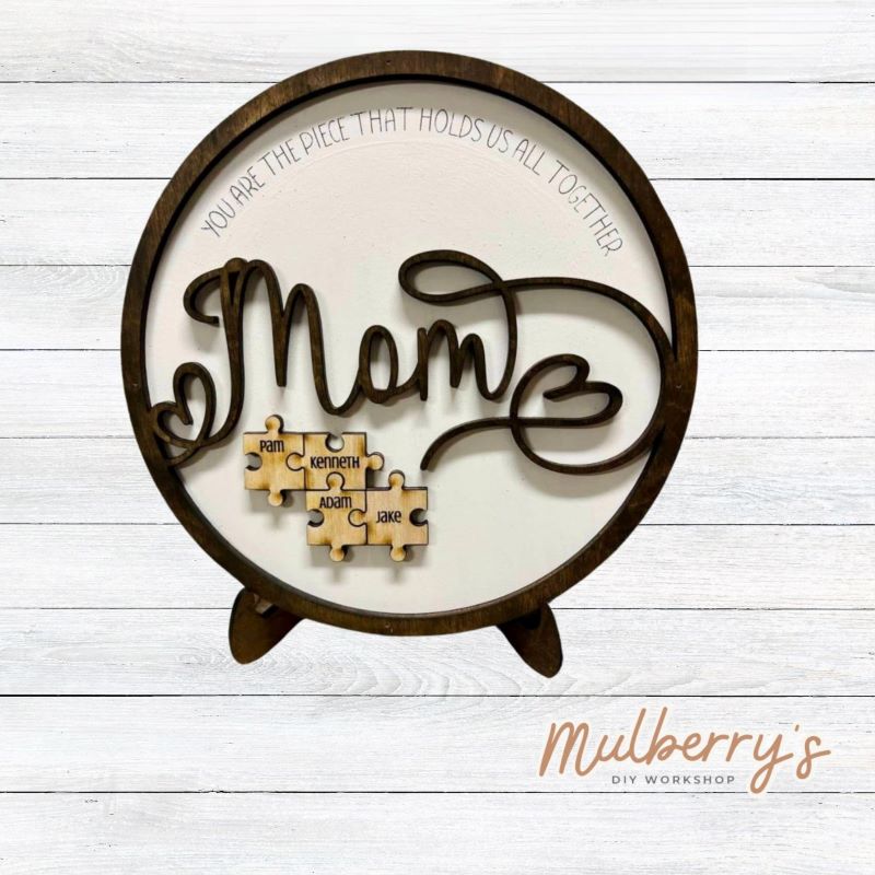 Needing a perfect mother's day gift for mom? Our personalized mom puzzle piece round fits the mold! Approximately 7.5" in diameter. Can include up to 9 puzzle pieces. Optional stand is available.